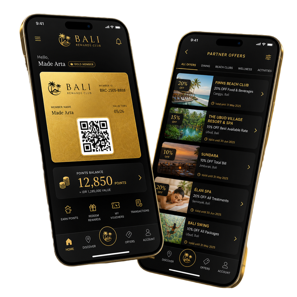Bali Rewards Club member app shown on two phones