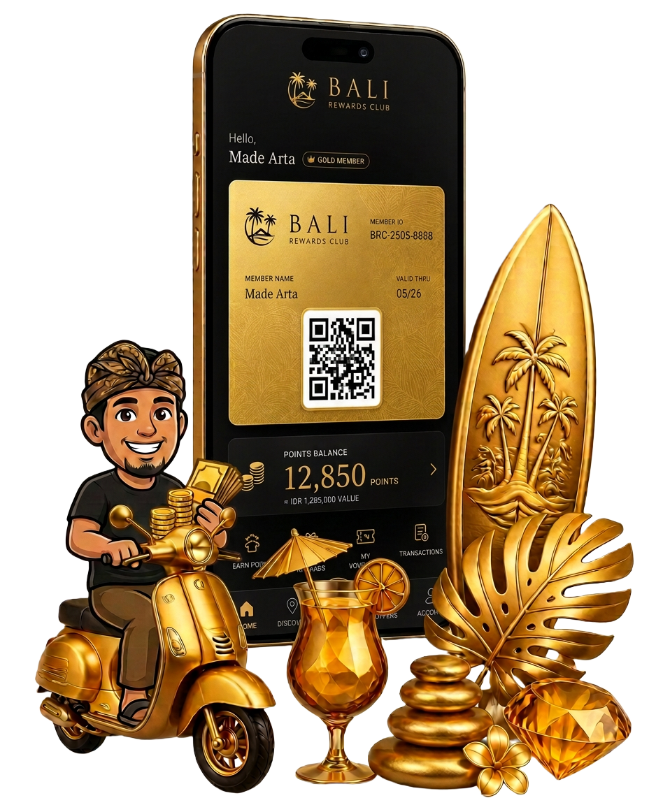 Bali Rewards Club app on a phone surrounded by golden Bali icons